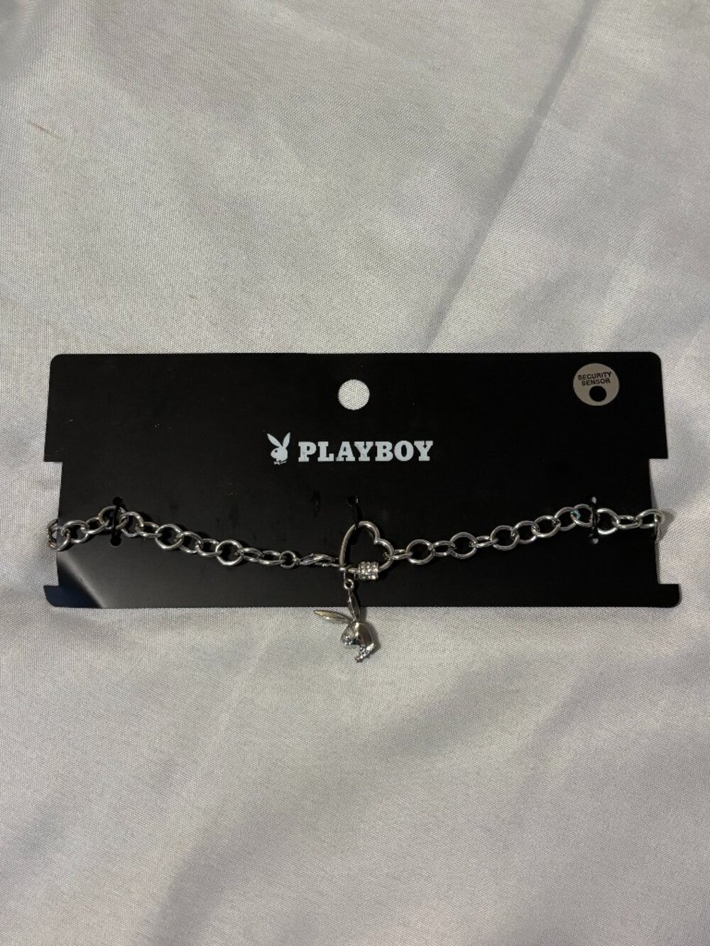 Playboy Silver Bunny Charm Heart Toggle Necklace Rhinestone Y2K Choker